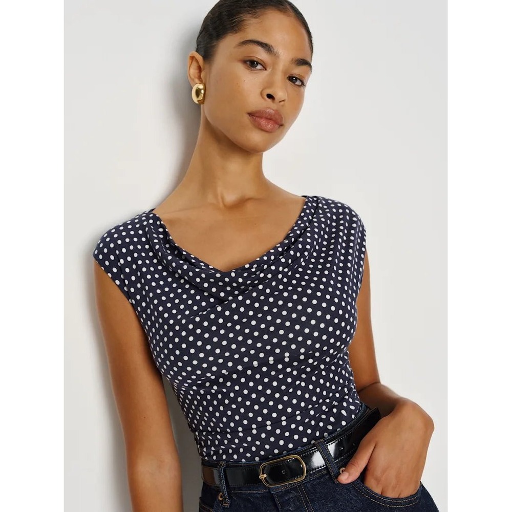 Reformation Navy Blue Polka Dot Cowl Neck Ruched Sleeveless Top Size L